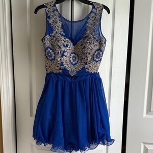 Jodi Kristopher Blue and Gold Mini Dress